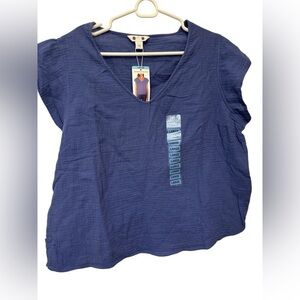 THREE DOTS Double Gauze Top Cap Sleeve V-Neck Periwinkle NWT